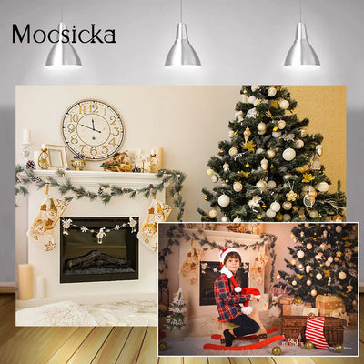 Christmas Tree Winter Portrait Background Photography Fireplace Clock Family Living Room Party Backdrop Socks Gifts Photocall