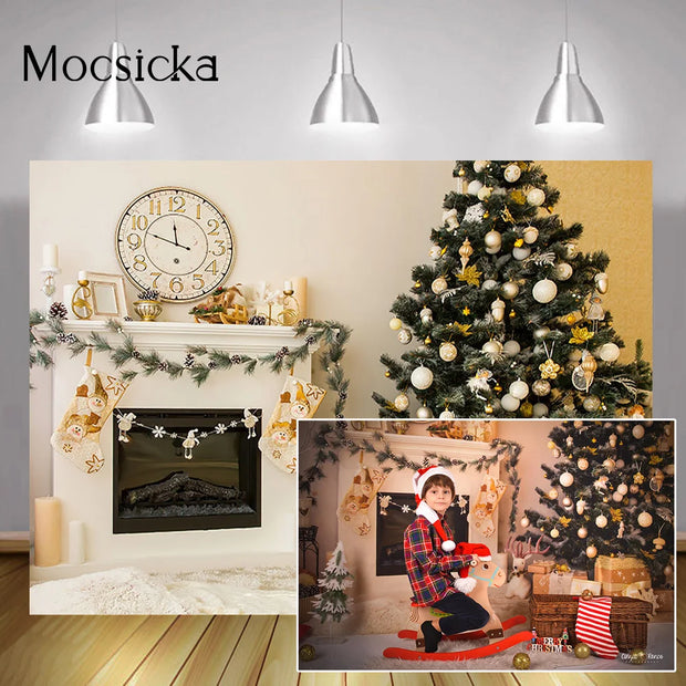 Christmas Tree Winter Portrait Background Photography Fireplace Clock Family Living Room Party Backdrop Socks Gifts Photocall