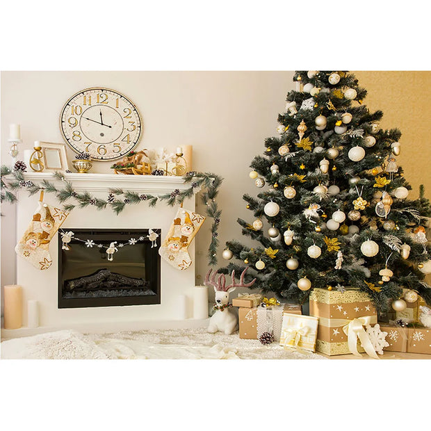 Christmas Tree Winter Portrait Background Photography Fireplace Clock Family Living Room Party Backdrop Socks Gifts Photocall