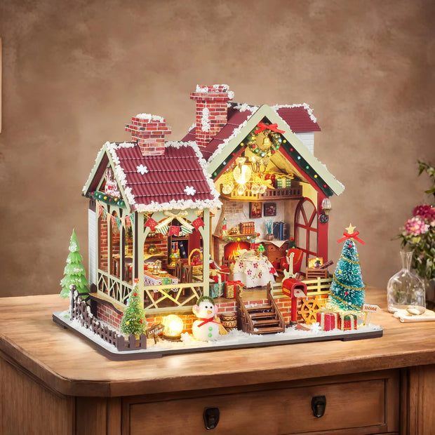 Christmas House Mini Dollhouse Kit Mini Assembled Model Bookshelf DIY Handmade Toy Set, Suitable for Adult Christmas Gifts