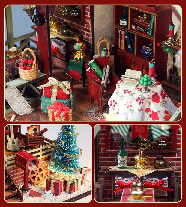 Christmas House Mini Dollhouse Kit Mini Assembled Model Bookshelf DIY Handmade Toy Set, Suitable for Adult Christmas Gifts