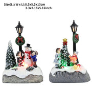 Christmas Village Scene Tree Snowman Resin Ornament With LED Lights Animated Street Lamp Statues Figurine Holiday Desktop Decor
