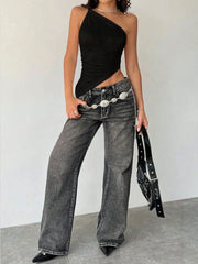 2025 New Fashionable Casual Women's T-Shirt Solid Color Single Shoulder Asymmetrical Slim Fit Top One-Piece Neck