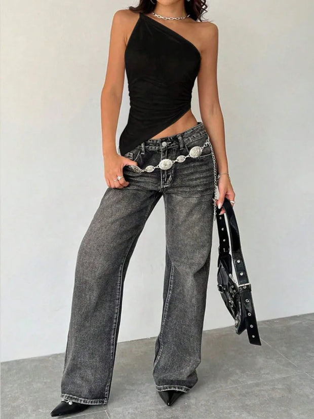 2025 New Fashionable Casual Women's T-Shirt Solid Color Single Shoulder Asymmetrical Slim Fit Top One-Piece Neck