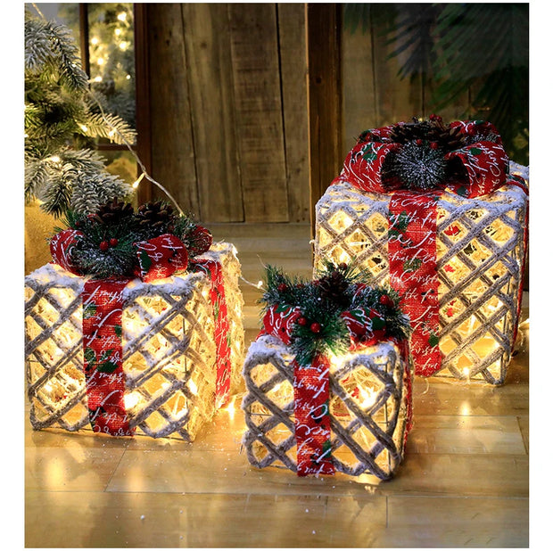 Christmas Lighted Gift wrought iron Three-piece Gift Box Christmas Tree Ornaments Luminous Plush Home Outdoor Decorations