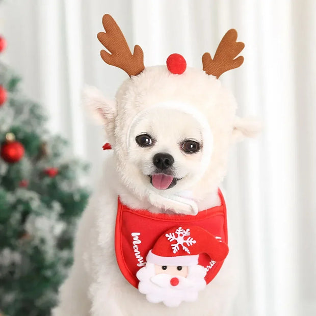 Christmas Puppy Dog Cat Costume Xmas Cat Santa Elk Hat with Bandana Bib Scarf Set Cat Accessories Pet Holiday Dress Up Supplies