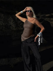 2025 New Fashionable Casual Women's T-Shirt Solid Color Single Shoulder Asymmetrical Slim Fit Top One-Piece Neck