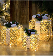 Christmas Lighted Gift wrought iron Three-piece Gift Box Christmas Tree Ornaments Luminous Plush Home Outdoor Decorations