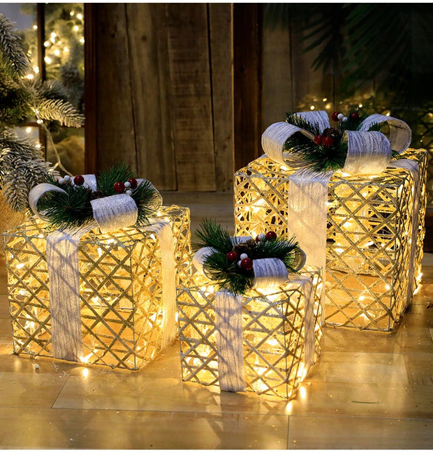 Christmas Lighted Gift wrought iron Three-piece Gift Box Christmas Tree Ornaments Luminous Plush Home Outdoor Decorations