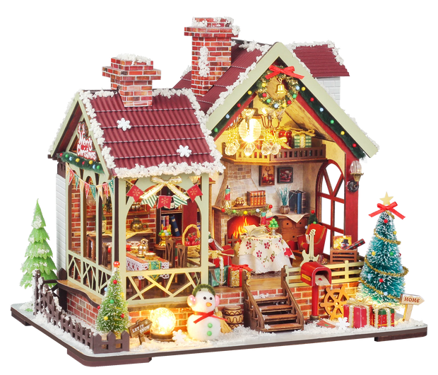 Christmas House Mini Dollhouse Kit Mini Assembled Model Bookshelf DIY Handmade Toy Set, Suitable for Adult Christmas Gifts