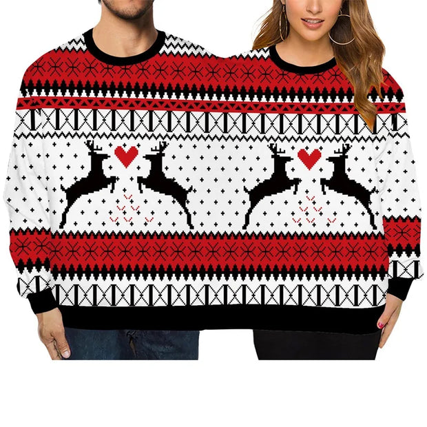 Double Ugly Christmas Couple Sweaters Siamese Twins Pullover 3D Printed Funny Couple Sweatshirt