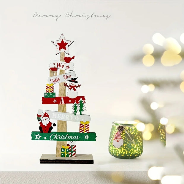 Christmas Wooden Tabletop Decoration, Festive Mini Tree with Santa, Snowman, and Gifts,Manufactured Wood Seasonal Decor