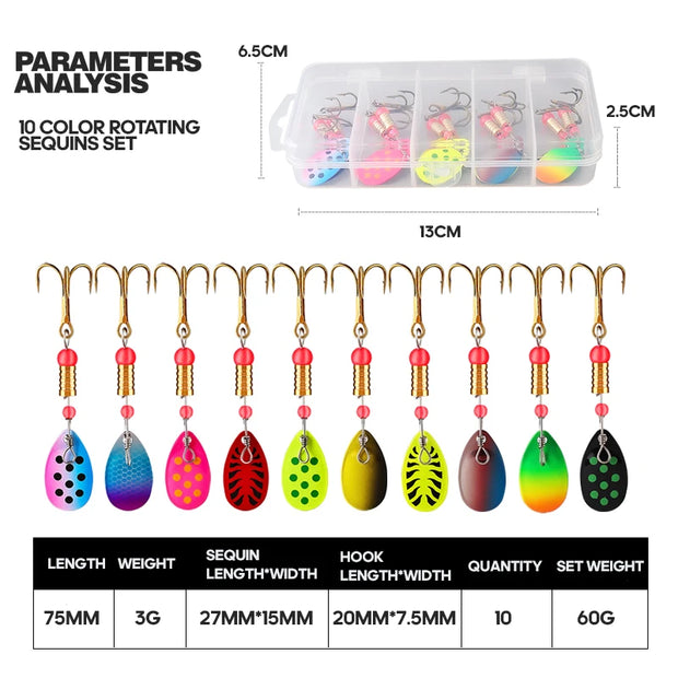 10pcs/box 75mm 3g Fishing Spinner Bait Metal Inline Spinner Lure Combo Metal Spoon Lure Bait Kit fishing hook  pescaria