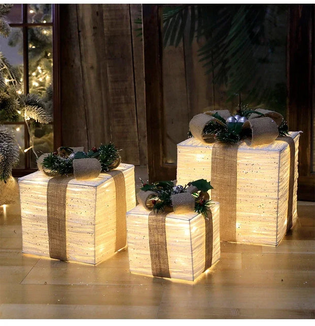 Christmas Lighted Gift wrought iron Three-piece Gift Box Christmas Tree Ornaments Luminous Plush Home Outdoor Decorations