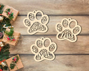 Personalized Wooden Pet Name Paw Print Christmas Ornament Custom Dogs Name Ornaments