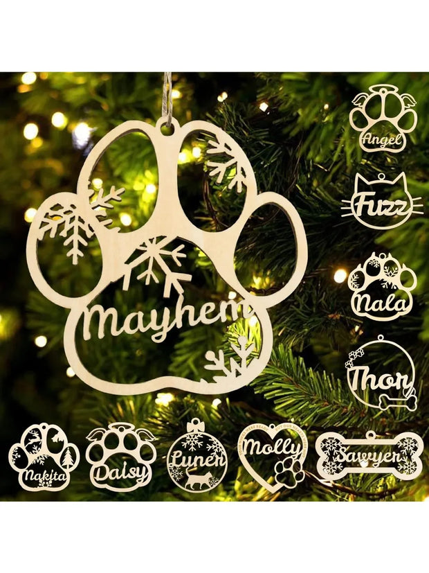 Personalized Wooden Pet Name Paw Print Christmas Ornament Custom Dogs Name Ornaments