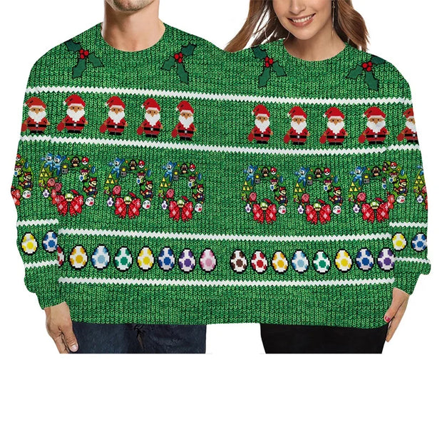 Double Ugly Christmas Couple Sweaters Siamese Twins Pullover 3D Printed Funny Couple Sweatshirt