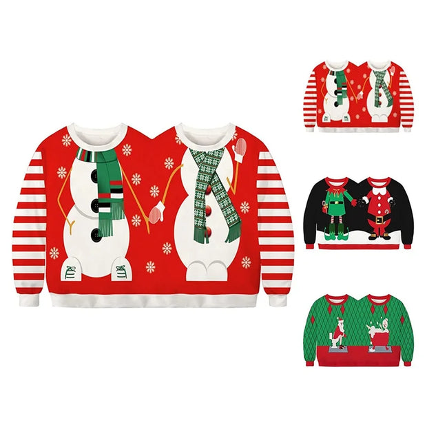 Double Ugly Christmas Couple Sweaters Siamese Twins Pullover 3D Printed Funny Couple Sweatshirt