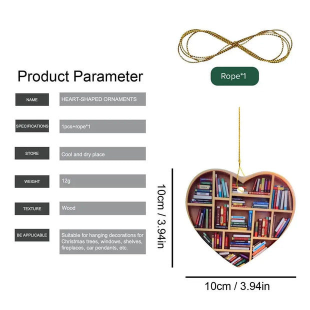 Book Lovers Ornaments Wooden Heart Shaped Bookshelf Reading Pendant Christmas Tree Hanging Decoration Home Xmas Ornaments