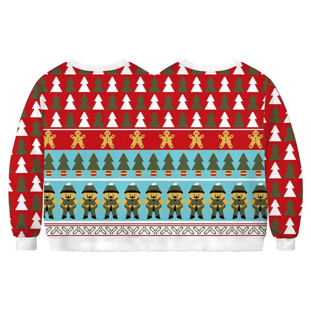 Double Ugly Christmas Couple Sweaters Siamese Twins Pullover 3D Printed Funny Couple Sweatshirt