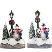 Christmas Village Scene Tree Snowman Resin Ornament With LED Lights Animated Street Lamp Statues Figurine Holiday Desktop Decor