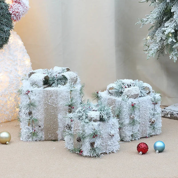 Christmas Lighted Gift wrought iron Three-piece Gift Box Christmas Tree Ornaments Luminous Plush Home Outdoor Decorations