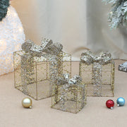 Christmas Lighted Gift wrought iron Three-piece Gift Box Christmas Tree Ornaments Luminous Plush Home Outdoor Decorations
