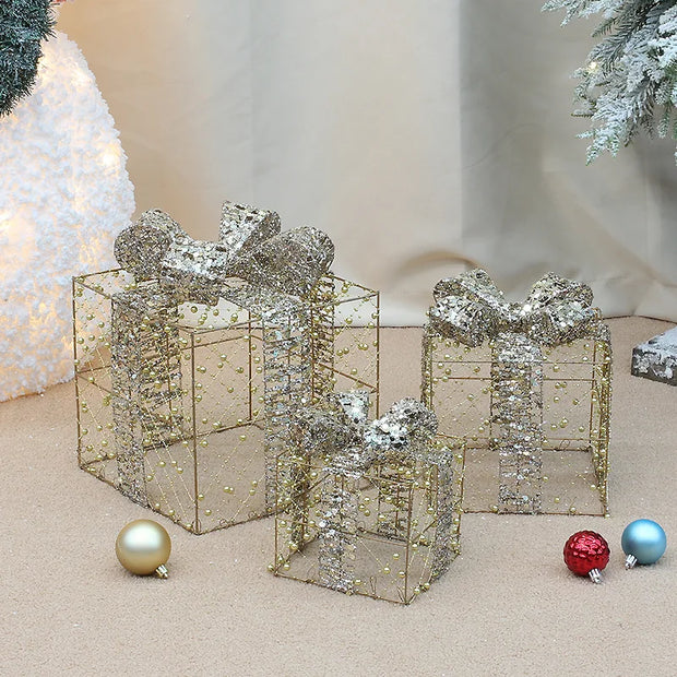Christmas Lighted Gift wrought iron Three-piece Gift Box Christmas Tree Ornaments Luminous Plush Home Outdoor Decorations