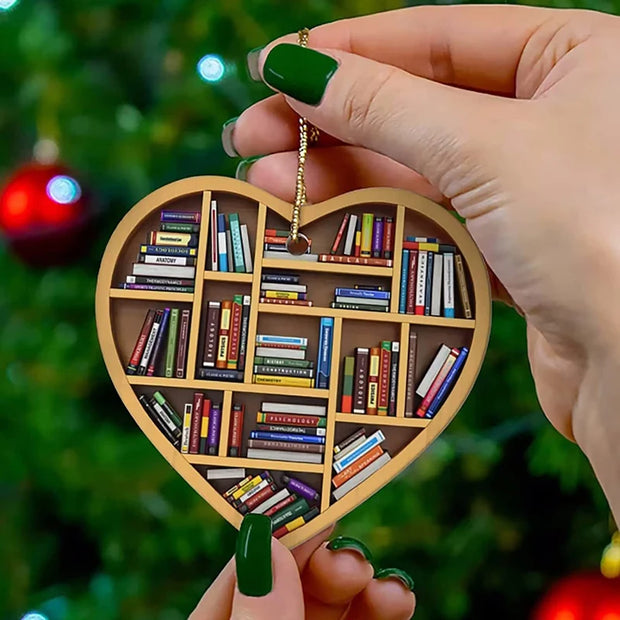 Book Lovers Heart Shaped Bookshelf Christmas Pendant Acrylic Drop Ornament Door Window Christmas Tree Car Hanging Decoration