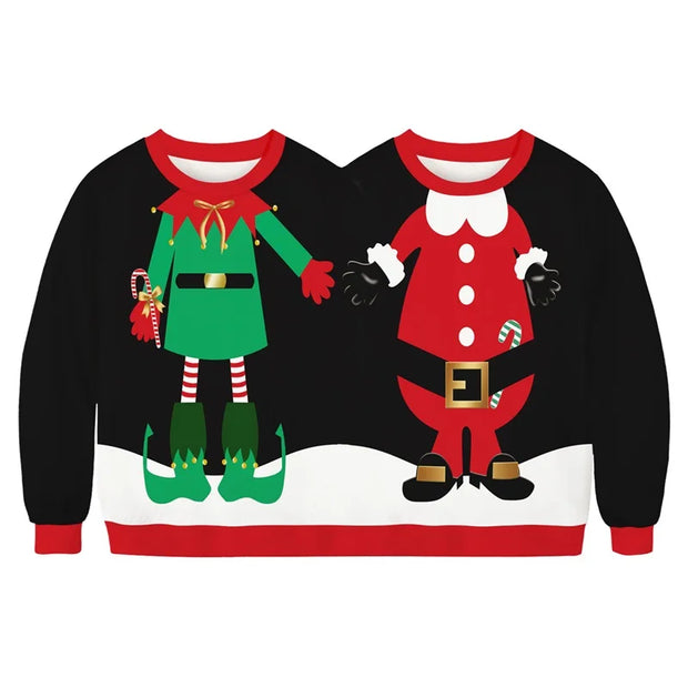 Double Ugly Christmas Couple Sweaters Siamese Twins Pullover 3D Printed Funny Couple Sweatshirt