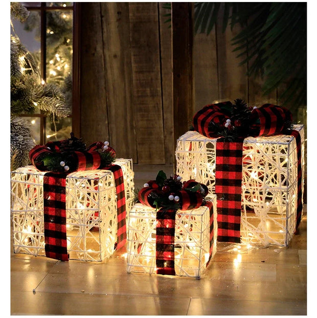 Christmas Lighted Gift wrought iron Three-piece Gift Box Christmas Tree Ornaments Luminous Plush Home Outdoor Decorations