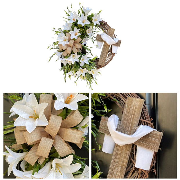 Easter Cross Wreath with Bow Rattan Ring Garland Hanging Ornament for Home Front Door Wall Garden Decoration Art Gift Supplies
