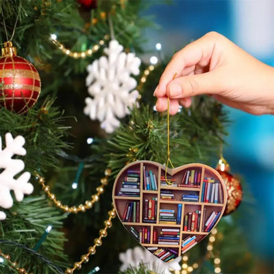 Book Lovers Ornaments Wooden Heart Shaped Bookshelf Reading Pendant Christmas Tree Hanging Decoration Home Xmas Ornaments