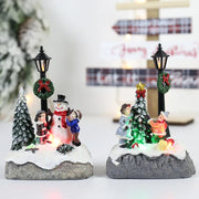 Christmas Village Scene Tree Snowman Resin Ornament With LED Lights Animated Street Lamp Statues Figurine Holiday Desktop Decor