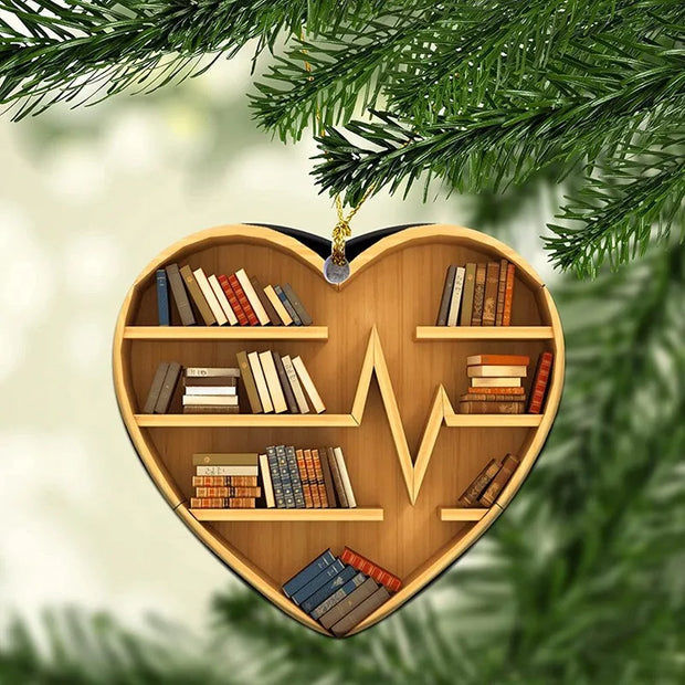 Book Lovers Heart Shaped Bookshelf Christmas Pendant Acrylic Drop Ornament Door Window Christmas Tree Car Hanging Decoration