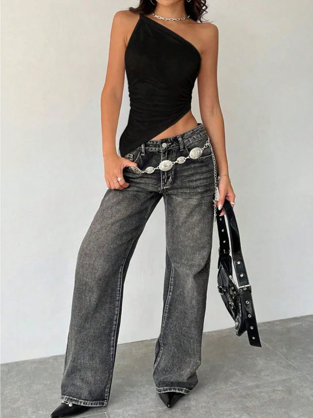 2025 New Fashionable Casual Women's T-Shirt Solid Color Single Shoulder Asymmetrical Slim Fit Top One-Piece Neck