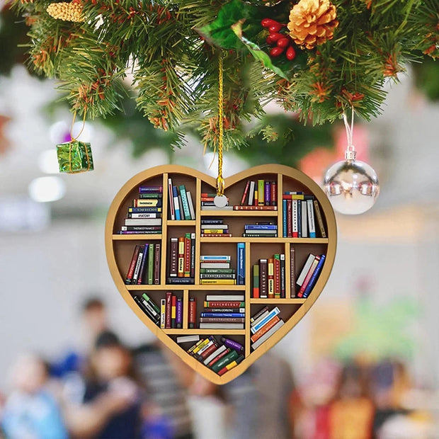 Book Lovers Heart Shaped Bookshelf Christmas Pendant Acrylic Drop Ornament Door Window Christmas Tree Car Hanging Decoration