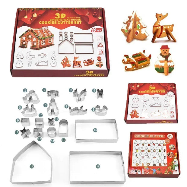 8/10/18/24pcs Christmas Gingerbread House Cookie Cutter Set Stainless Steel Baking Mold Xmas Biscuit Party Decorations Supplies