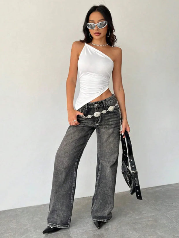 2025 New Fashionable Casual Women's T-Shirt Solid Color Single Shoulder Asymmetrical Slim Fit Top One-Piece Neck