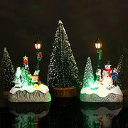 Christmas Village Scene Tree Snowman Resin Ornament With LED Lights Animated Street Lamp Statues Figurine Holiday Desktop Decor