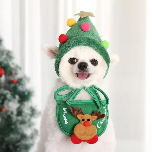 Christmas Puppy Dog Cat Costume Xmas Cat Santa Elk Hat with Bandana Bib Scarf Set Cat Accessories Pet Holiday Dress Up Supplies