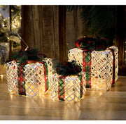 Christmas Lighted Gift wrought iron Three-piece Gift Box Christmas Tree Ornaments Luminous Plush Home Outdoor Decorations