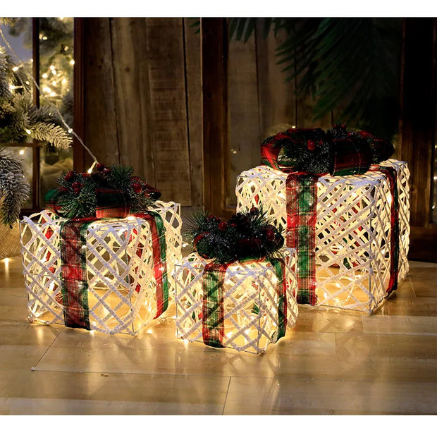 Christmas Lighted Gift wrought iron Three-piece Gift Box Christmas Tree Ornaments Luminous Plush Home Outdoor Decorations