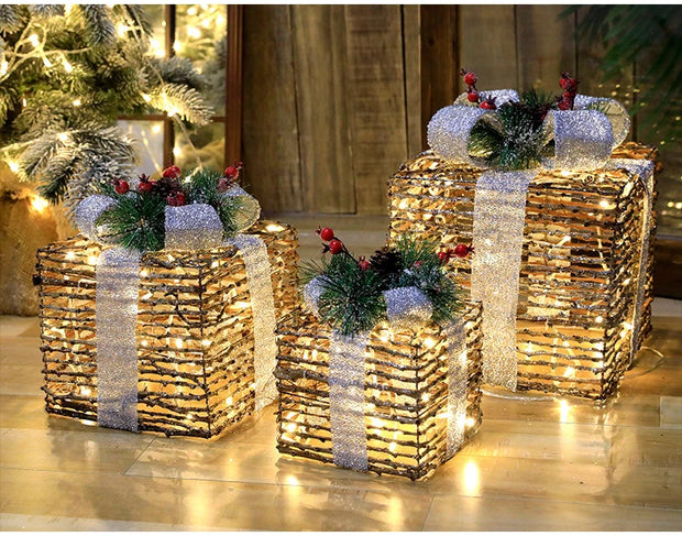 Christmas Lighted Gift wrought iron Three-piece Gift Box Christmas Tree Ornaments Luminous Plush Home Outdoor Decorations