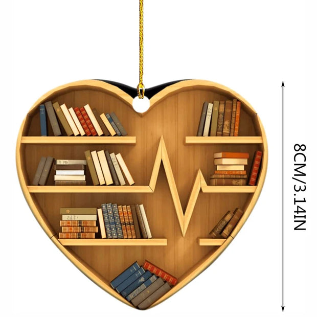 Book Lovers Heart Shaped Bookshelf Christmas Pendant Acrylic Drop Ornament Door Window Christmas Tree Car Hanging Decoration