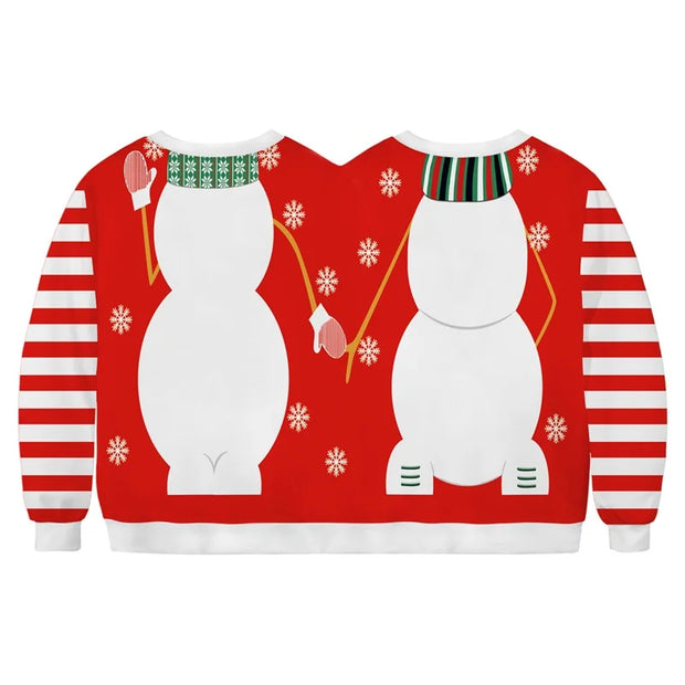 Double Ugly Christmas Couple Sweaters Siamese Twins Pullover 3D Printed Funny Couple Sweatshirt