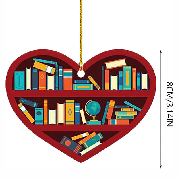 Book Lovers Heart Shaped Bookshelf Christmas Pendant Acrylic Drop Ornament Door Window Christmas Tree Car Hanging Decoration
