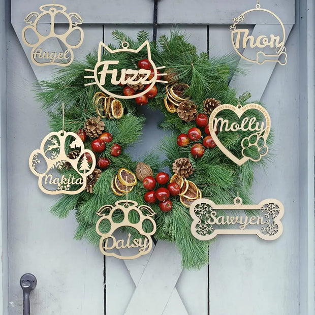 Personalized Wooden Pet Name Paw Print Christmas Ornament Custom Dogs Name Ornaments