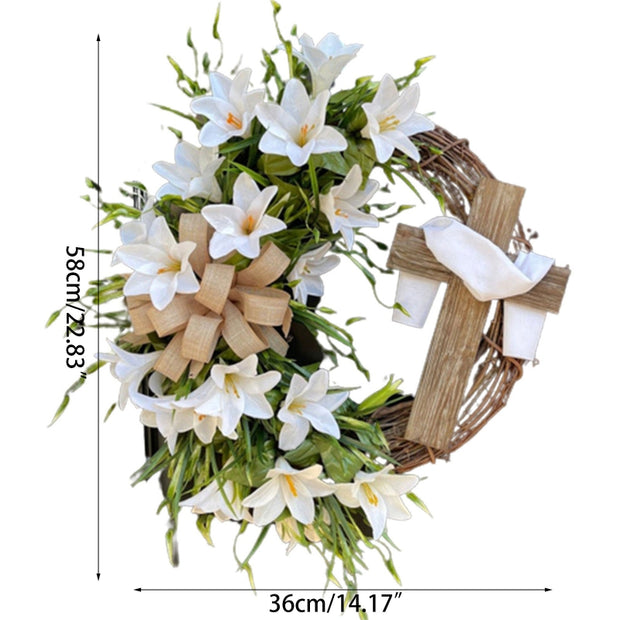 Easter Cross Wreath with Bow Rattan Ring Garland Hanging Ornament for Home Front Door Wall Garden Decoration Art Gift Supplies