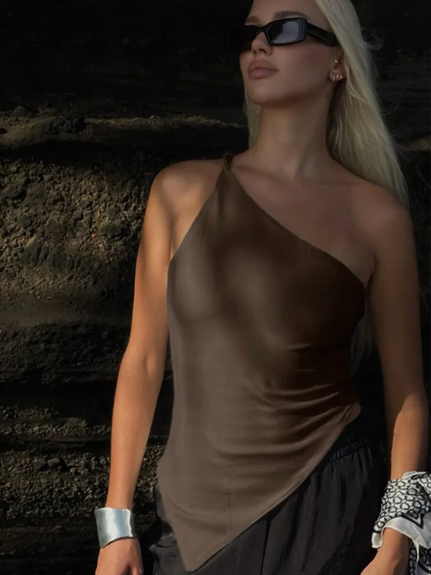 2025 New Fashionable Casual Women's T-Shirt Solid Color Single Shoulder Asymmetrical Slim Fit Top One-Piece Neck